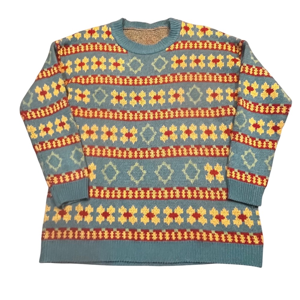 Teal‎ Fair Isle Geometric Knit Crewneck Sweater Women Large Retro Boho